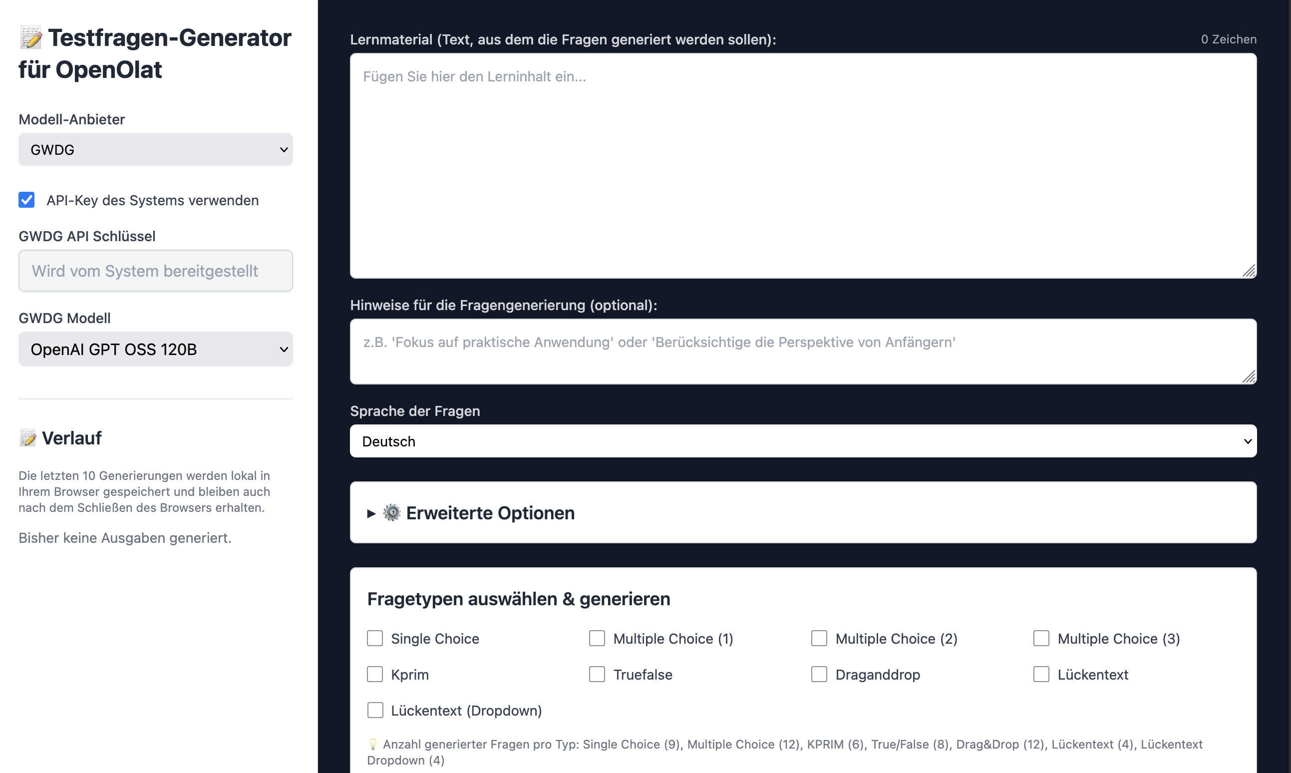 Screenshot des Testfragen-Generators für OpenOlat